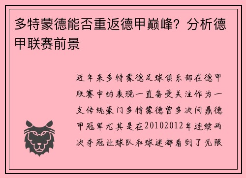 多特蒙德能否重返德甲巅峰？分析德甲联赛前景