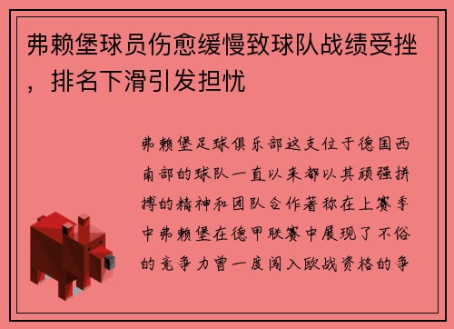 弗赖堡球员伤愈缓慢致球队战绩受挫，排名下滑引发担忧