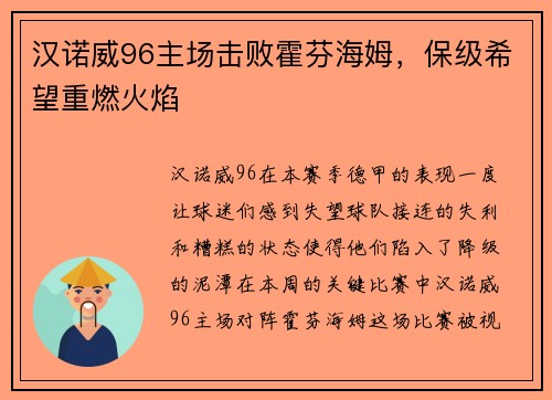 汉诺威96主场击败霍芬海姆，保级希望重燃火焰